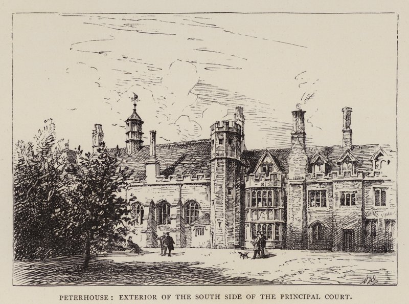 Cambridge: Peterhouse, exteriör på södra sidan av huvuddomstolen (etsning) av English School