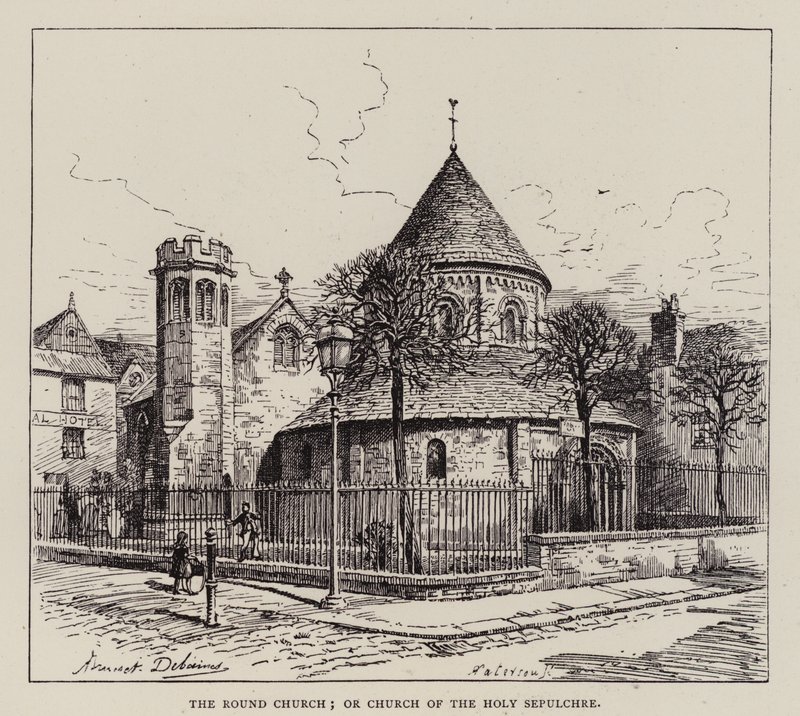Cambridge: Rundkyrkan; eller Heliga gravens kyrka (etsning) av English School