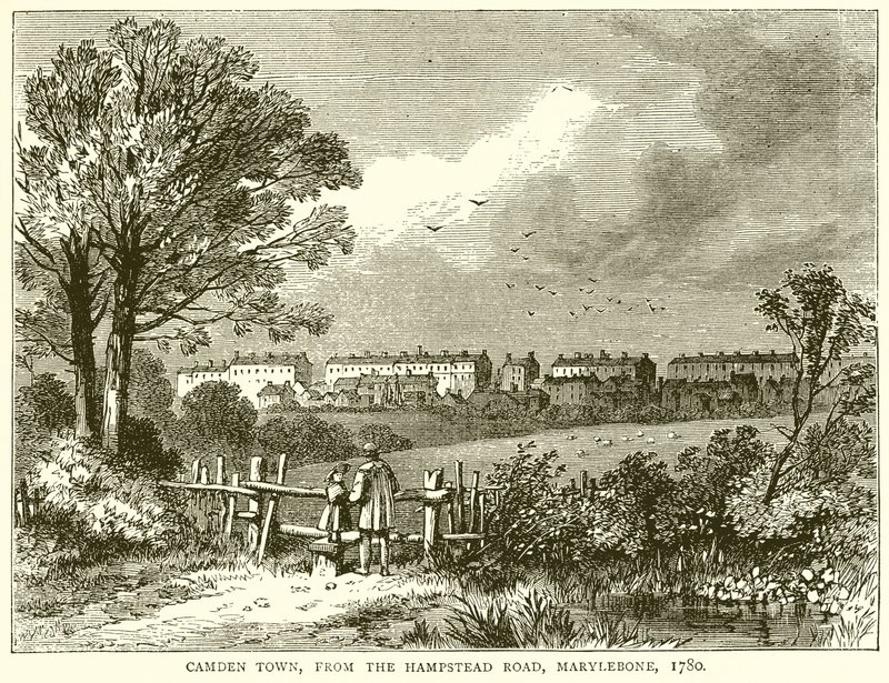 Camden Town, från Hampstead Road, Marylebone, 1780 av English School