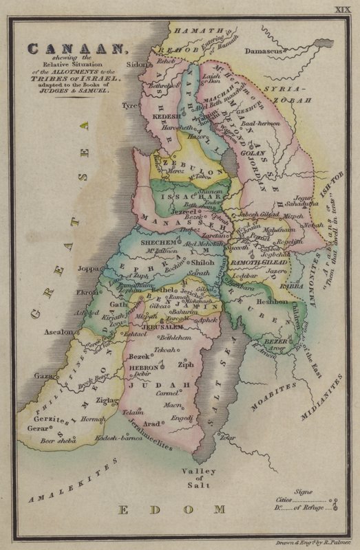 Kanaan, som visar den relativa situationen för tilldelningarna för Israels stammar, anpassad till domarböckerna och Samuelsboken (färgad gravyr) av English School