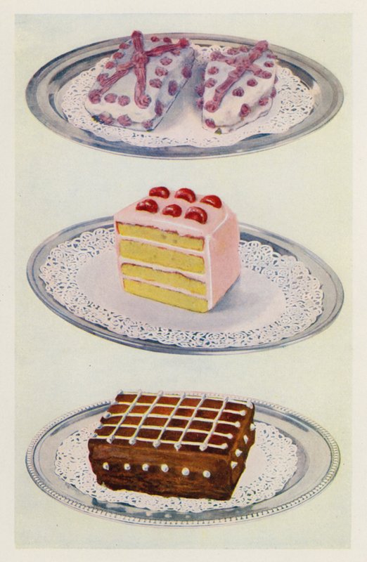 Kanadensisk kaka; lagerkaka; ischokladkaka (färglitografi) av English School