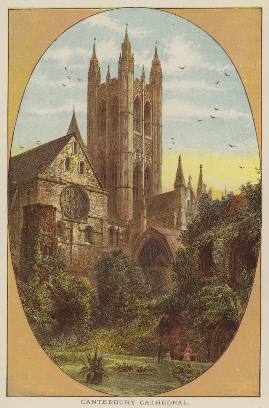 Canterbury Cathedral (färgad gravyr) av English School
