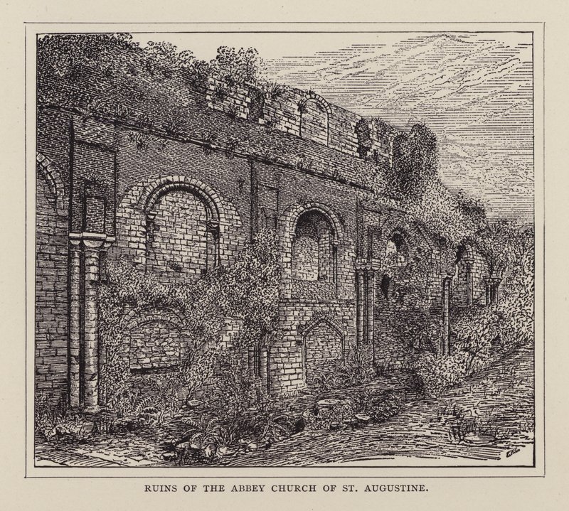 Canterbury: Ruinerna av Abbey Church of St Augustine (litho) av English School