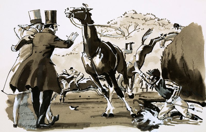 Kapten Becher, kastad mot ett staket under Grand National (gouache på papper) av English School