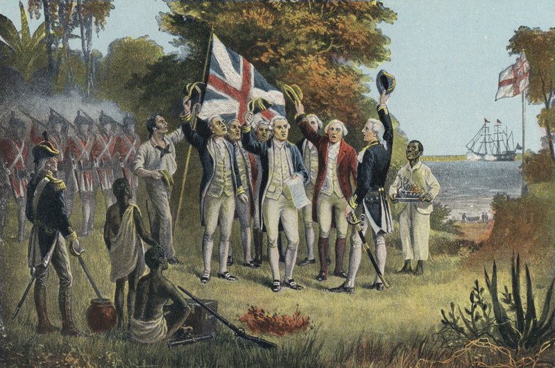 Captain Cook tar Australien i besittning (litho i färg) av English School