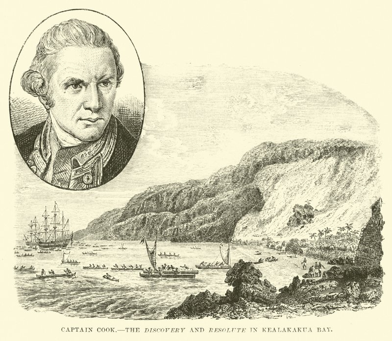 Captain Cook, Discovery and Resolute i Kealakekua Bay av English School