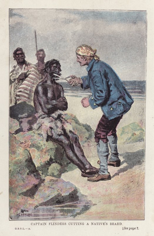 Kapten Flinders klipper en infödings skägg (lito i färg) av English School