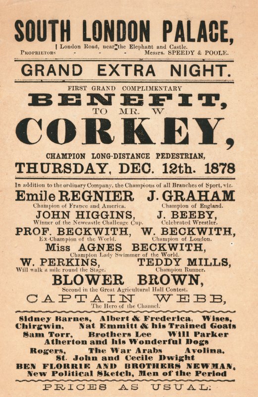 Kapten Webb, kanalens hjälte, fotgängaren Corkey, Beckwiths (simmare) och andra vid South London Palace, 1878 av English School