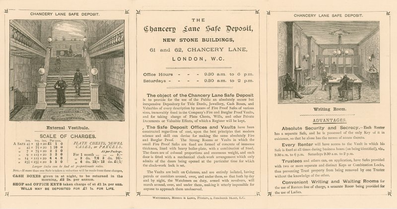 Kort som annonserar Chancery Lane Safe Deposit, 61-62 Chancery Lane, London av English School