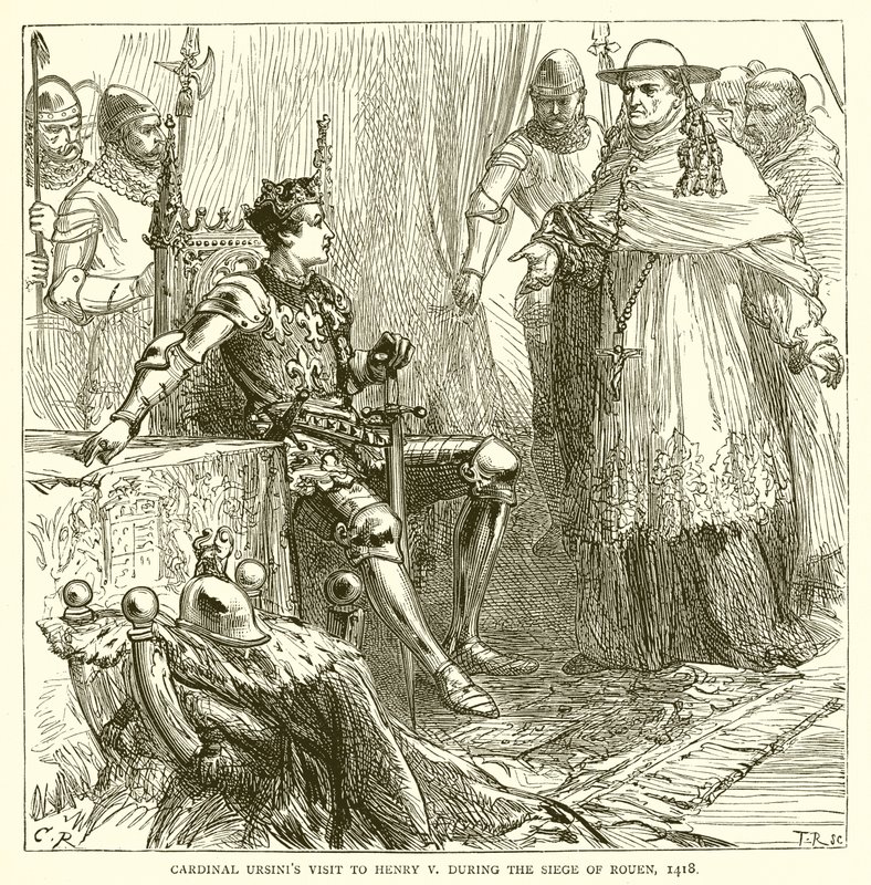 Kardinal Ursinis besökte Henrik V under belägringen av Rouen, 1418 av English School