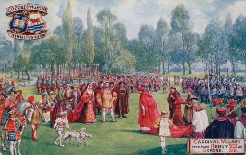 Kardinal Wolsey tar emot Henry VIII i Oxford, 1518 av English School