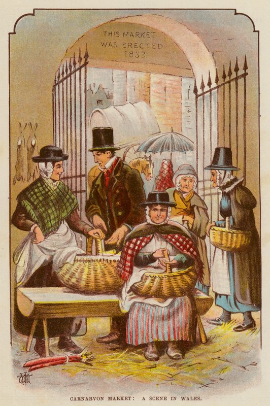 Carnarvon Market, en scen i Wales (färg litho) av English School