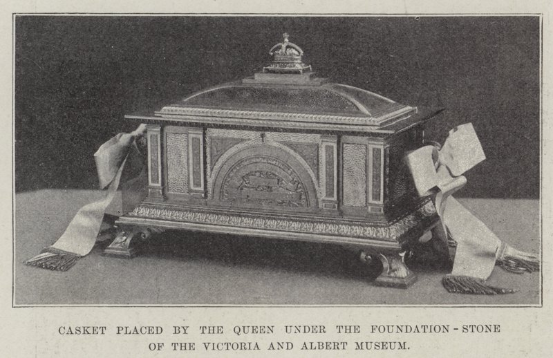 Skrin placerad av drottningen under grundstenen på Victoria and Albert Museum (gravyr) av English School
