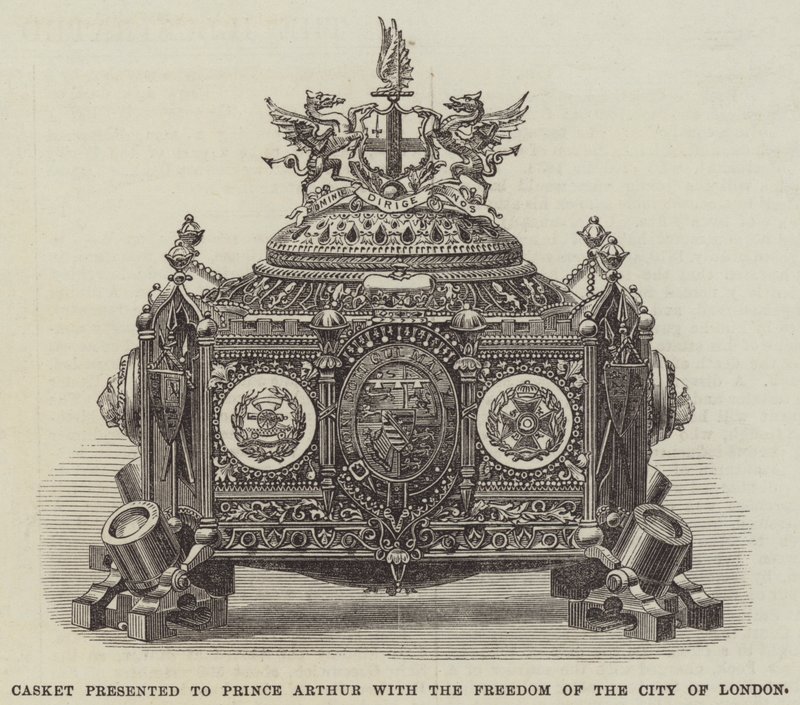 Kist överlämnad till prins Arthur med Freedom of the City of London (gravyr) av English School