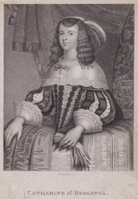 Katarina av Braganza, drottning gemål av kung Karl II (gravyr) av English School