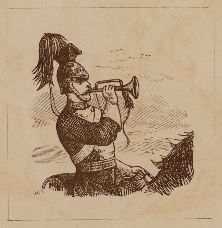 Kavallerisoldat som blåser en bygel (litho) av English School