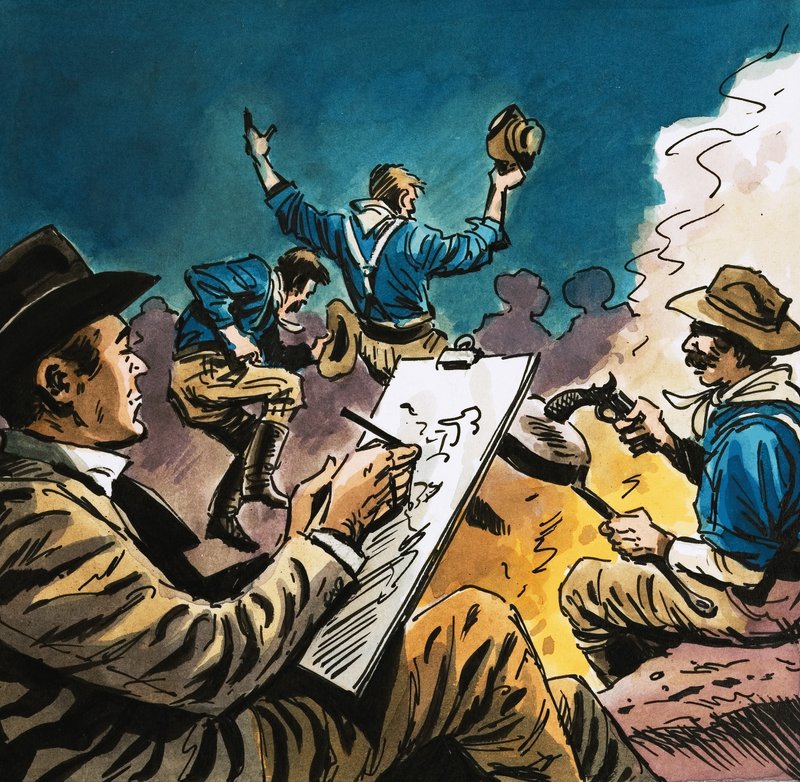 Kavallerist dansar runt en lägereld med Arthur Boyd Houghton som skissar av English School