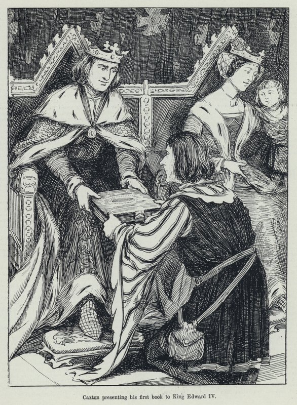 Caxton presenterar sin första bok för kung Edward IV (litho) av English School
