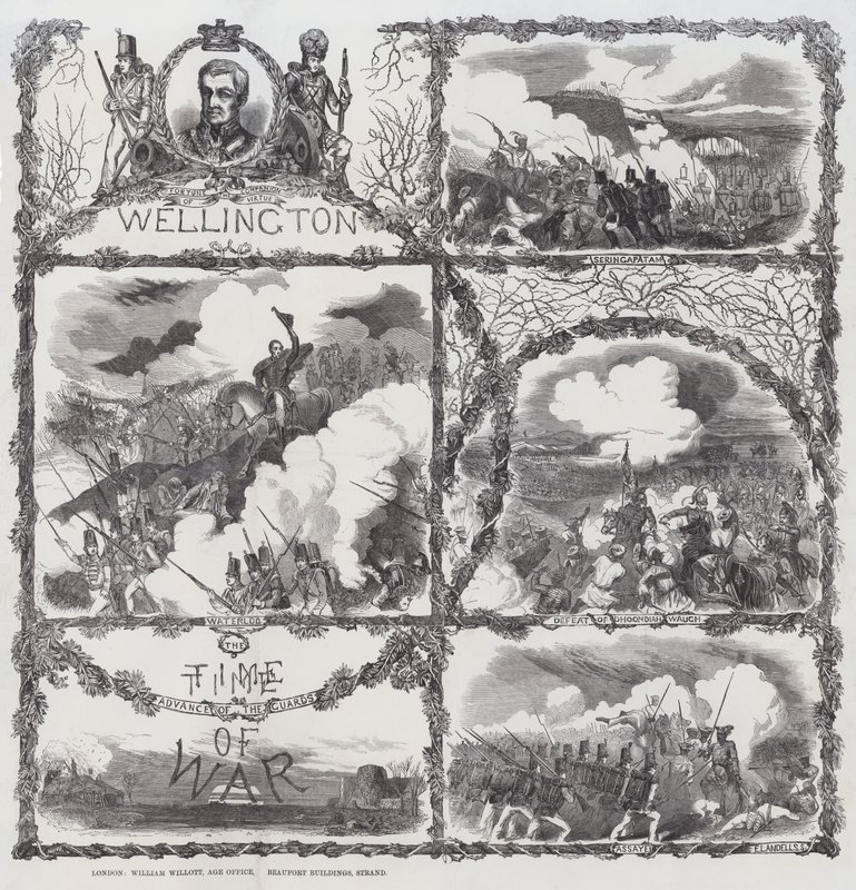 Hertigen av Wellingtons segrar vid belägringen av Seringapatam (1799), nederlaget vid Dhondia Wagh (1800), slaget vid Assaye (1803) och slaget vid Waterloo (1815) (gravyr) av English School