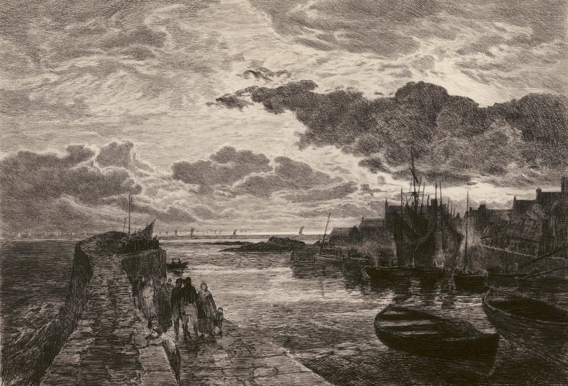 Cellardyke Harbour, etsad av Chauvel, efter Sam Bough (litografi) av English School