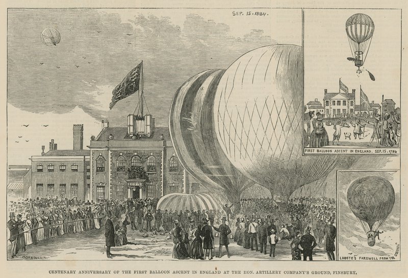 Hundraårsjubileum av den första ballonguppstigningen i England vid Hon. Artillerikompaniets mark, Finsbury av English School