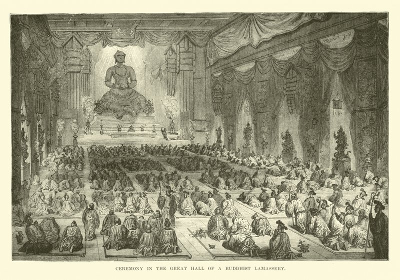 Ceremoni i stora salen i ett buddhistiskt lamasseri av English School