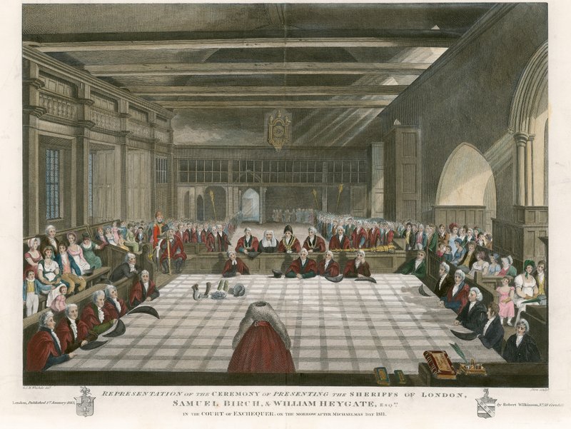 Presentationsceremoni för sherifferna i London, Samuel Birch och William Heygate, i finansdomstolen, på morgonen efter Michaelmas Day, 1811 av English School