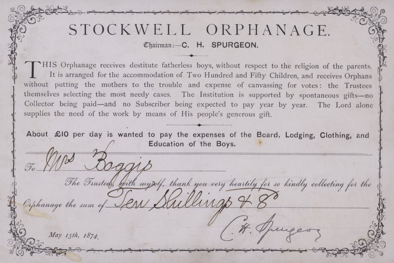 Tackbevis för en donation till Stockwell Orphanage, London, 1874 av English School