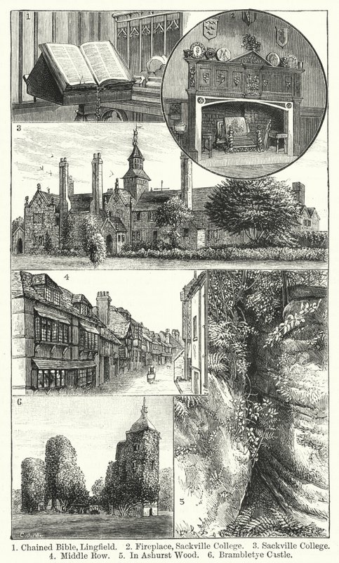 Chained Bible, Lingfield; Öppen spis, Sackville College; Sackville College; Mellersta raden; I Ashurst Wood; Brambletye Castle (gravyr) av English School