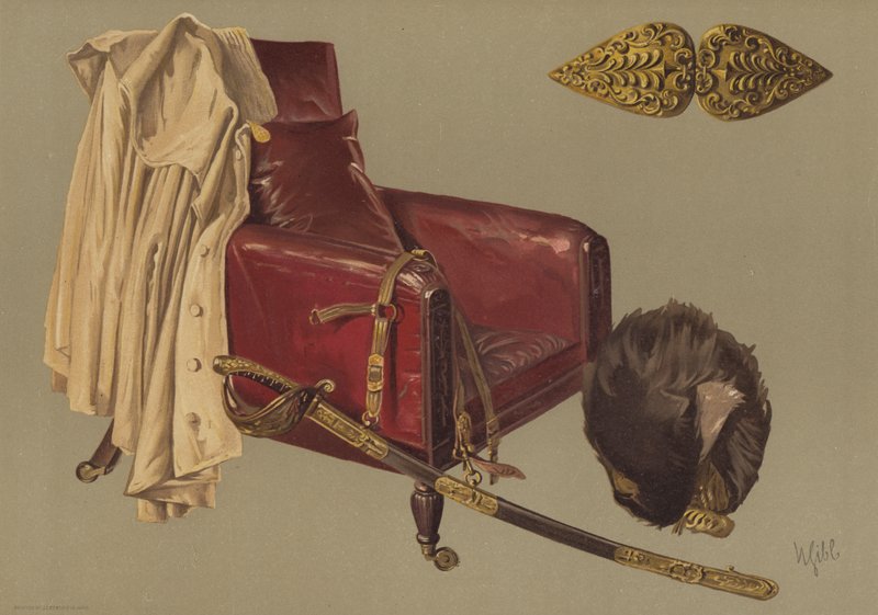 Stol och mantel av fältmarskalk hertigen av Wellington, med björnskinn och grenadjärgardets svärd (chromolitho) av English School