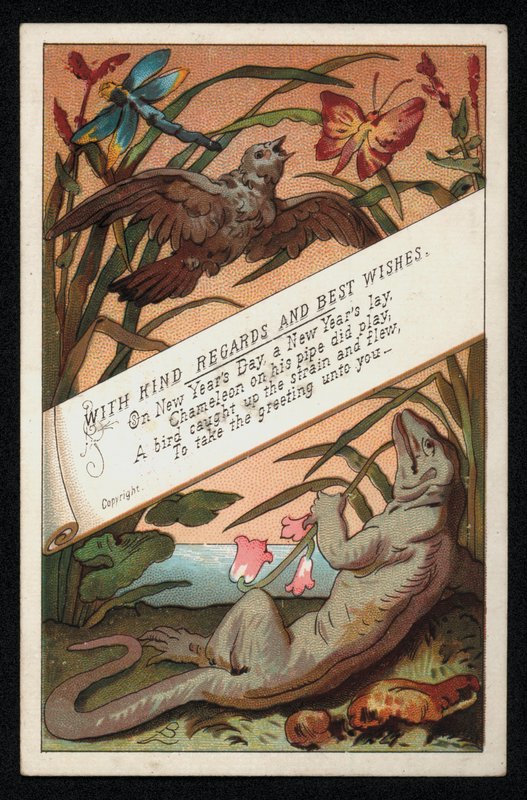 Kameleont med vers och en fågel, hälsningskort för nyår. (chromolitho) av English School