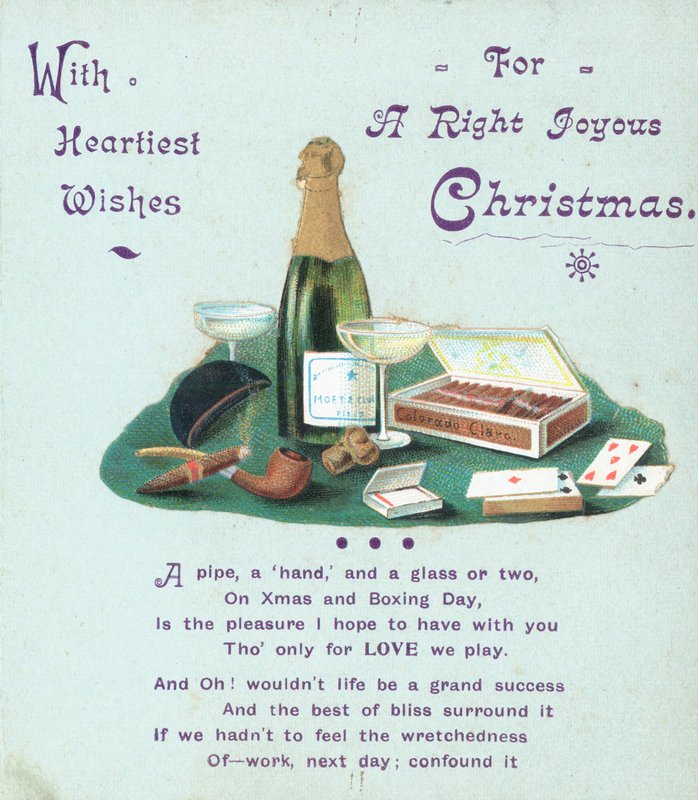 Champagne, cigarrer och spelkort, julkort av English School
