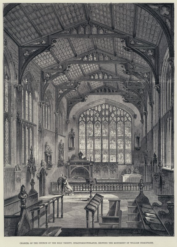 Chancell of the Church of the Holy Trinity, Stratford-upon-Avon, som visar William Shakspeares monument (gravyr) av English School