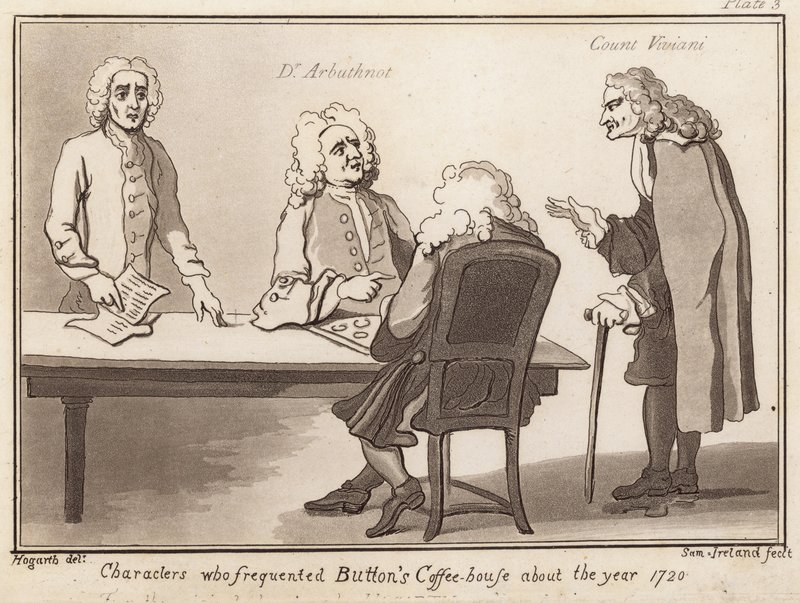 Karaktärer som besökte Buttons Coffee House omkring 1720-talet: Dr Arbuthnot, greve Viviani av English School