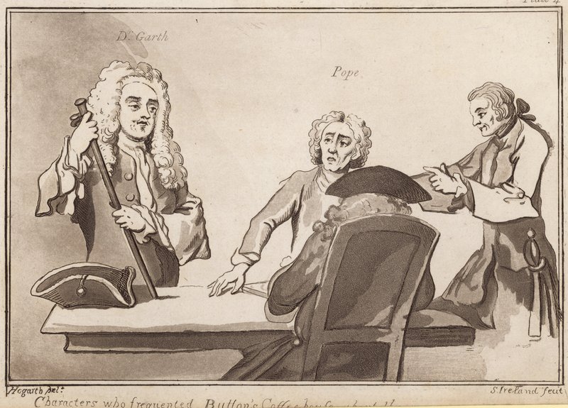Karaktärer som besökte Buttons Coffee House omkring 1720-talet: Dr Garth, Pope av English School