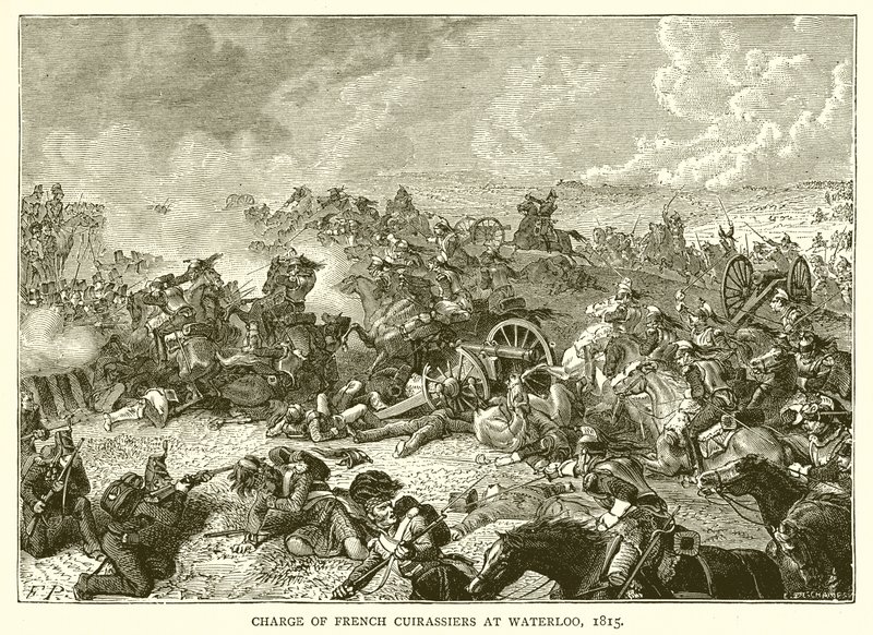 Anklagelse för franska kuirassier vid Waterloo, 1815 av English School