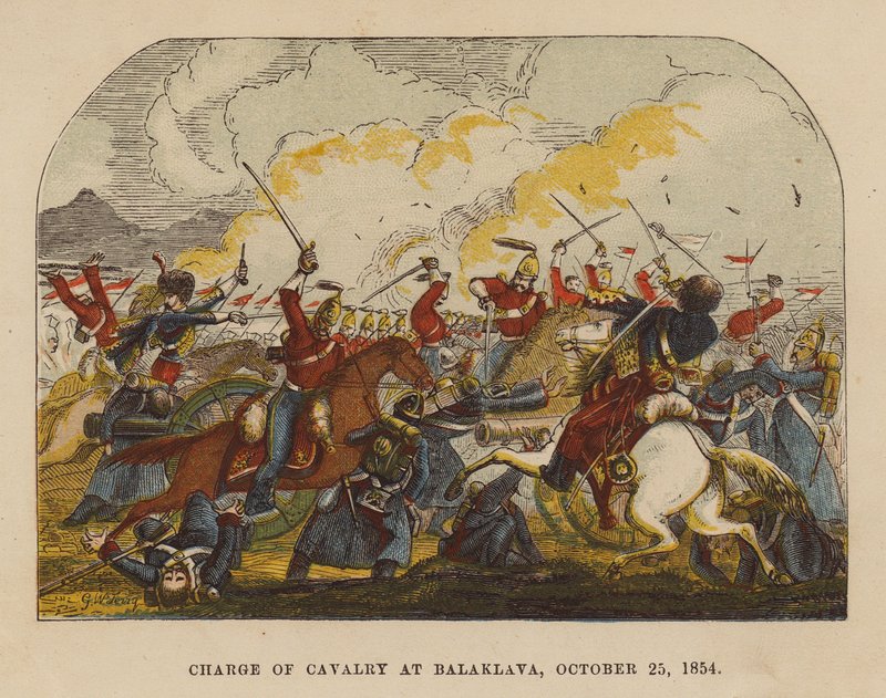 Kavalleriets anfall vid Balaklava, 25 oktober 1854 (kolorerad gravyr) av English School