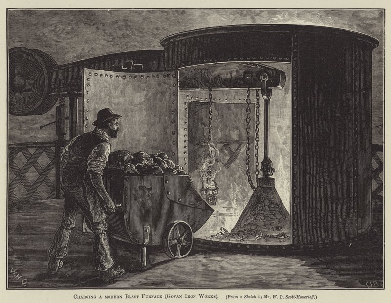 Laddar en modern masugn (Govan Iron Works) (gravyr) av English School