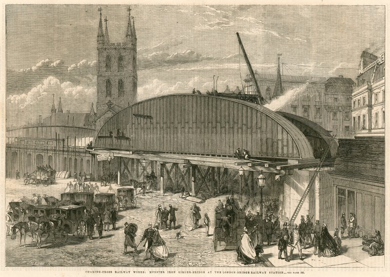 Charing Cross Railway fungerar: monsterjärnsbalkbro vid London Bridge Railway Station av English School