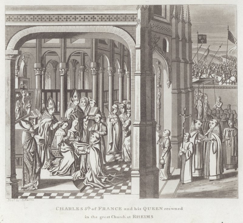 Karl 5:e av Frankrike och hans drottning kröntes i den stora kyrkan i Reims av English School