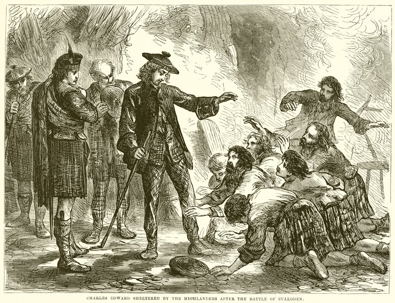 Charles Edward skyddad av Highlanders efter slaget vid Culloden av English School