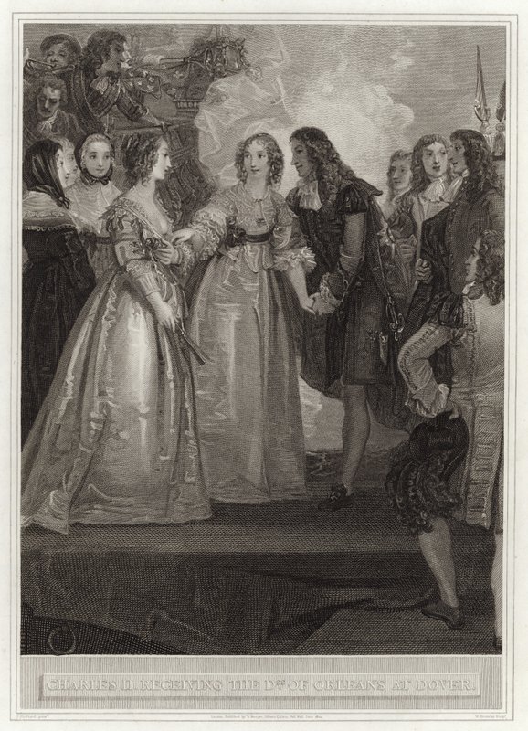 Charles II tar emot hertiginnan av Orleans i Dover av English School