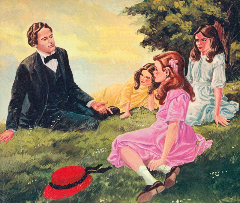 Charles Lutwidge Dodgson fortæller historier til Alice Liddell og hendes to søstre av English School