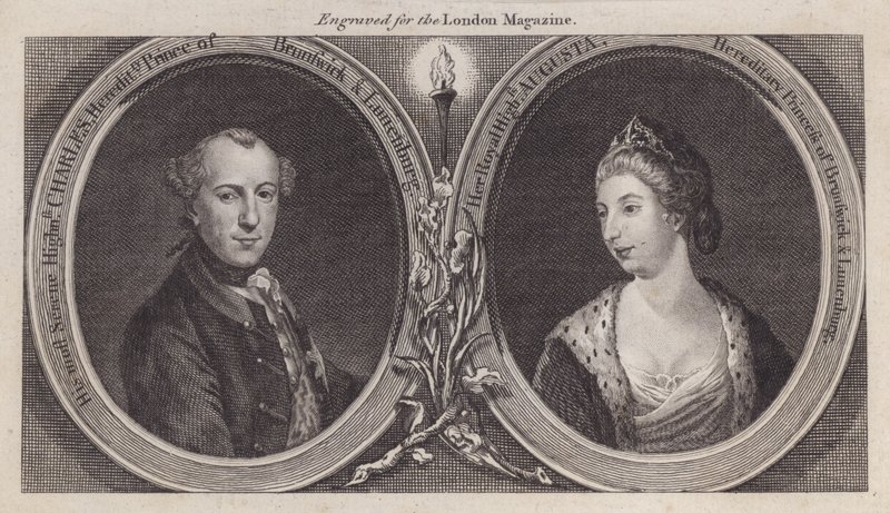 Charles William Ferdinand, hertig av Brunswick, och hans fru, prinsessan Augusta, syster till kung George III (gravyr) av English School