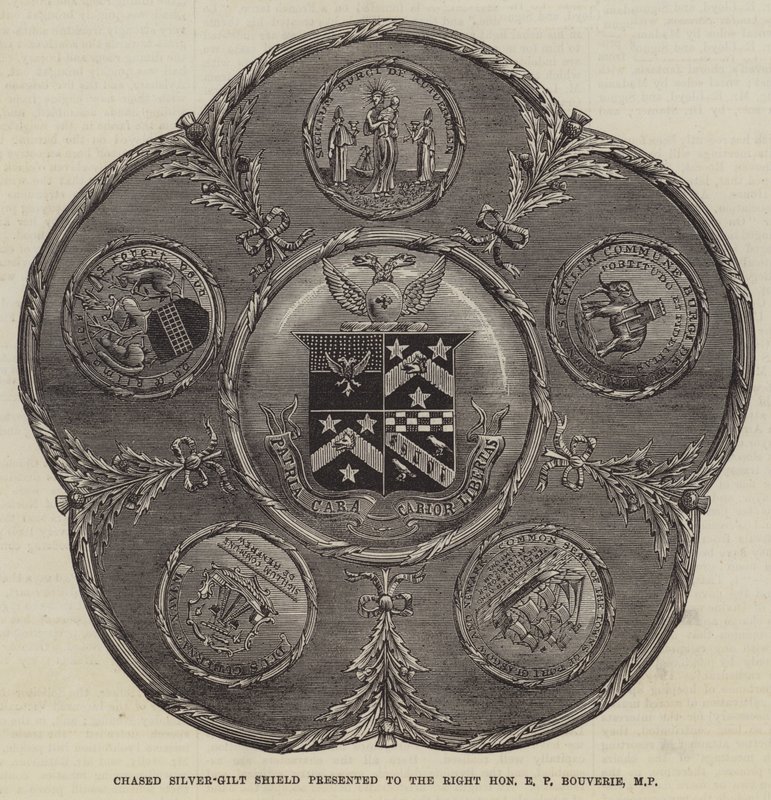 Chased Silver-Gilt Shield presenteras för den högra ärade E P Bouverie, MP (gravyr) av English School