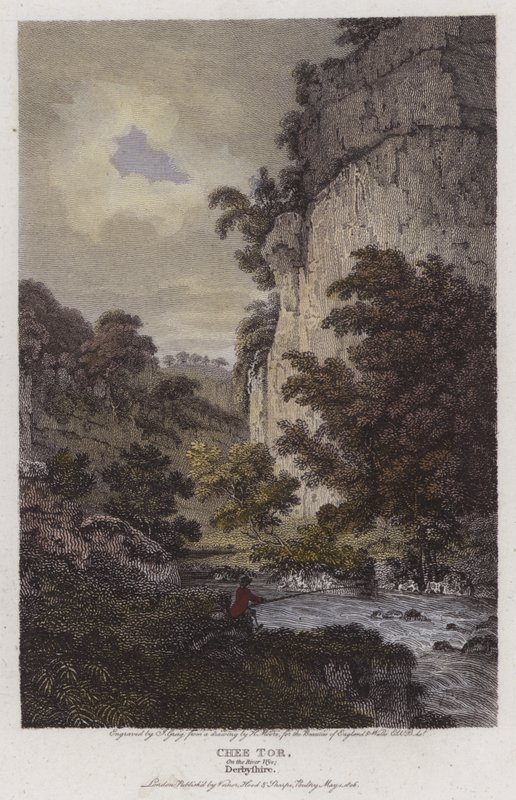 Chee Tor, vid floden Wye, Derbyshire (färgad gravyr) av English School