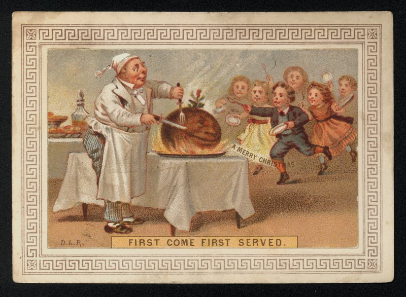 Kocken snida upp en plommonpudding, julhälsningskort. (chromolitho) av English School