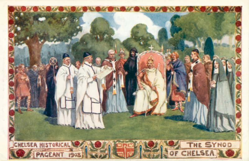 Chelsea Historical Pageant 1908, synoden i Chelsea (färg litho) av English School