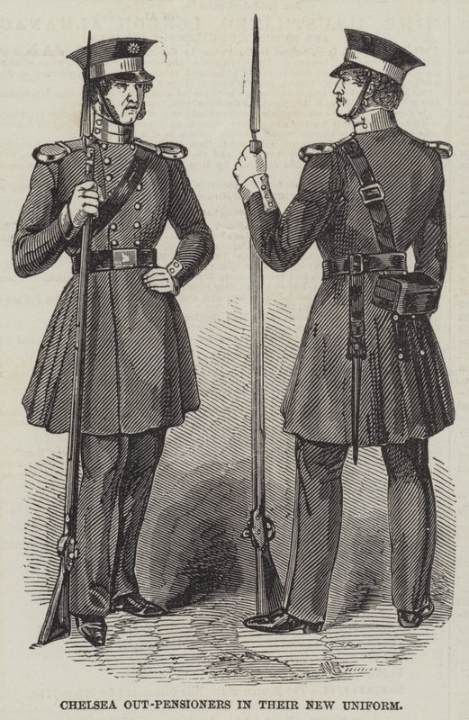 Chelsea utpensionärer i sin nya uniform (gravyr) av English School