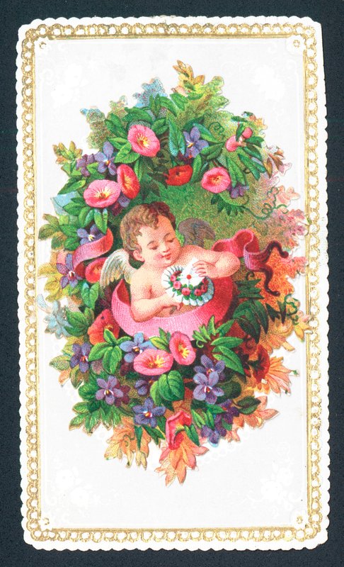 Kerub sitter i blommor, julkort av English School